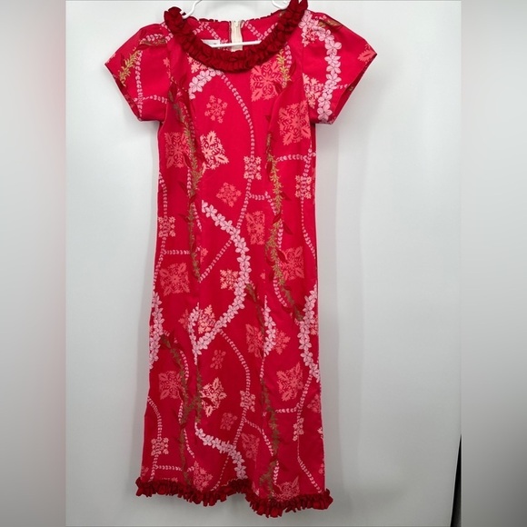 Karyl Kaye Vintage Hawaiian Dress 8 M Cotton Barkcloth Long Lei Floral Ruffle - Picture 1 of 5